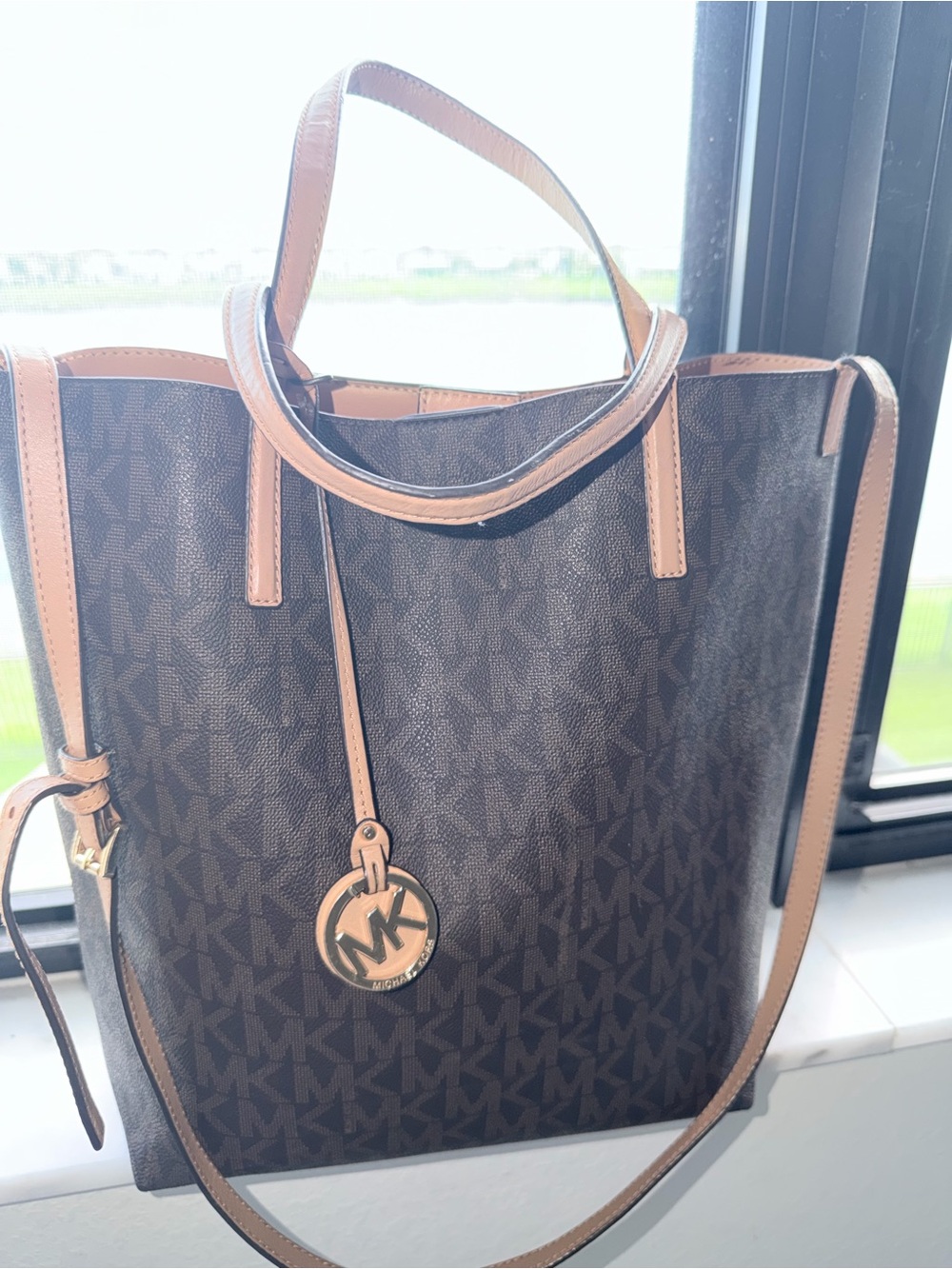 Michael Kors Dark Brown MK Monogram Tote with Tan Leather Trim